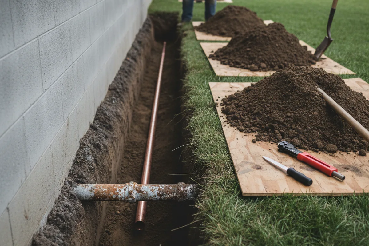 Excavated water line trench during Water Softener Installation in Adams